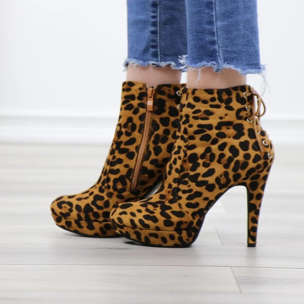 Leopard Back Lace Suede Heeled Ankle platform Booties - Picture 11 of 12
